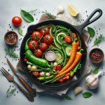 cast iron skillet with vegetables