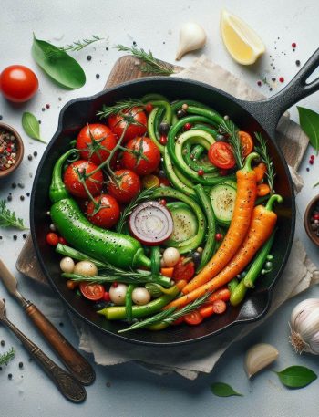 cast iron skillet with vegetables