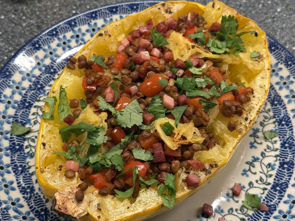 spaghetti pompoen met linzenvulling