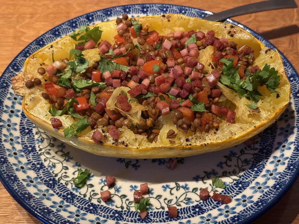 spaghetti pompoen met linzenvulling